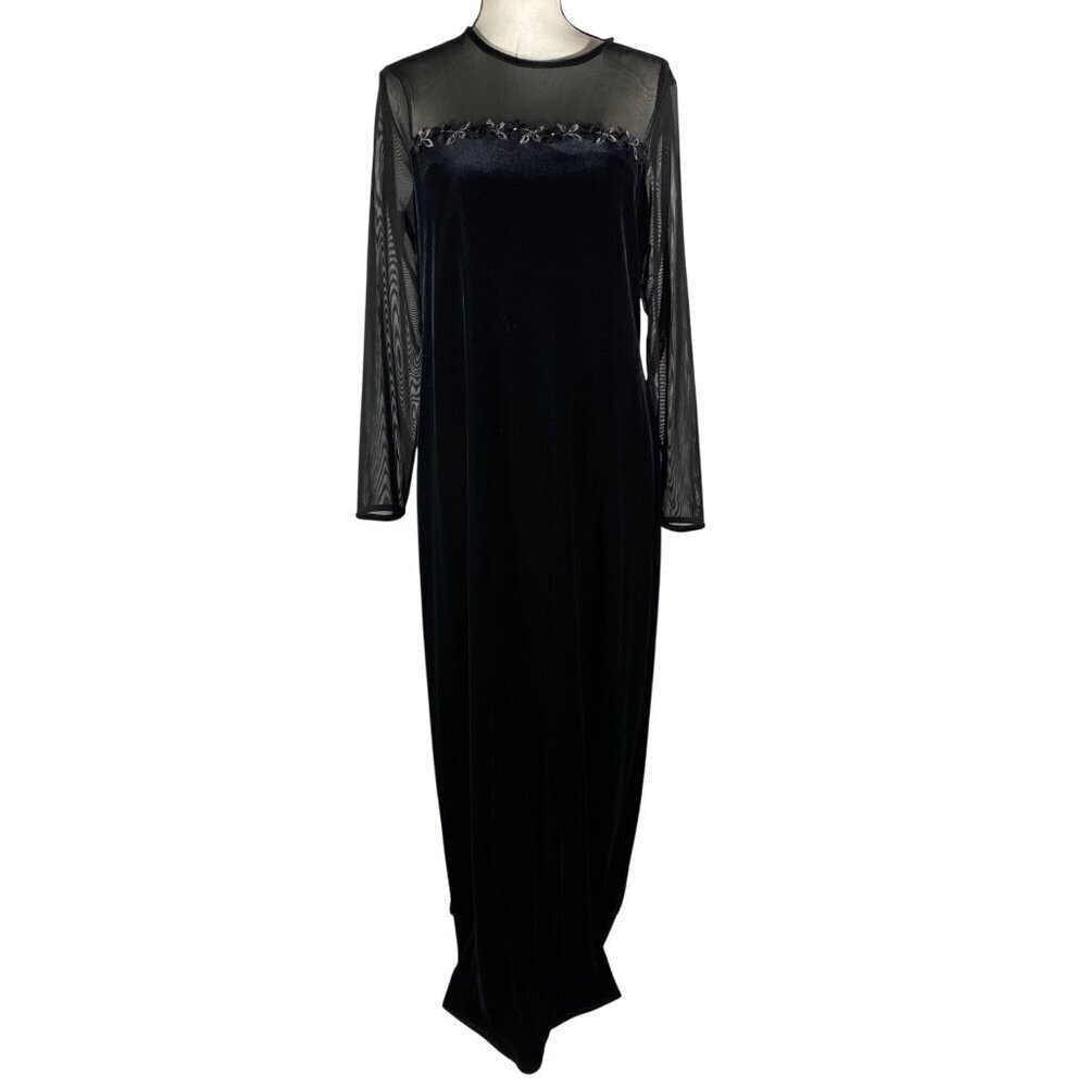 Vintage Y2K illusion mesh black velour gown maxi dress dark floral women's 12